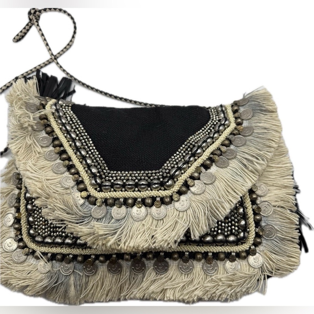 Boho Fringe Coin Crossbody Bag - Black & Cream